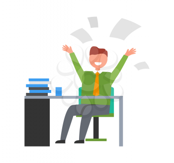 Businessman at work. Isolated vector illustration of happy man sitting and desk with pile of books and throwing up his papers on white background