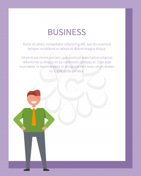 Business-related poster depicting cheerful man. Vector illustration of successful businessman wearing green sweater, grey dress pants and orange tie