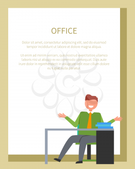 Office worker sitting on chair in front of table with few books on it. Vector of male on his workplace isolated on white in frame for text