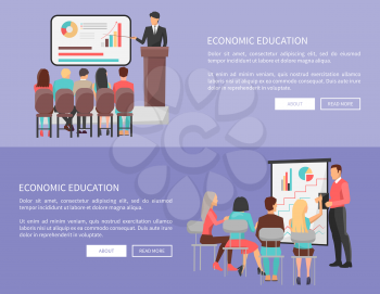 Economic education set of web posters with teacher near blackboard with charts pointing on diagrams, students sitting at chairs around, vector