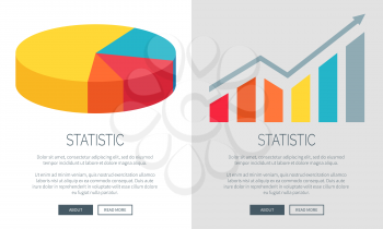 Statistic representation design with colorful pie chart and bar graph. Vector illustration of two multicolored web pages with data