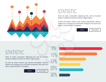 Statistic representation design for web page with colorful bar graphs. Vector illustration designed for web site and contains buttons