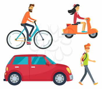 Icons of man on bike, girl with scooter, vehicle and pedestrian with backpack. Vector illustration with transport and people isolated on white background