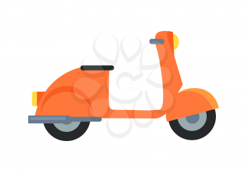 Icon of orange motor scooter with black seat and yellow headlamp in front. Vector illustration of moped isolated on white background