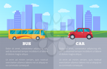 Car against bus comparing of public and private city transport poster. Vector illustration of vehicles among urban buildings and skyscrapers