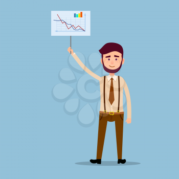Presentation results of successful work concept. Businessman standing with placard with graphs, curves and diagram raised above his head flat vector. Financial forecast or business plan illustration