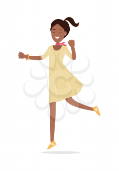 Happy woman promenade. Beautiful happy chestnut lady in nice yellow dress and sneakers walking flat vector illustration isolated on white background. For shopping and fashion concepts, advertising