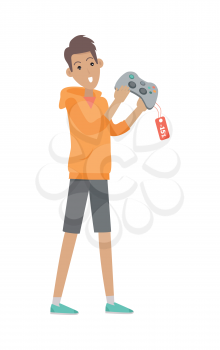 Discounts in electronics store concept. Smiling man standing with joystick bought on sale flat vector illustration isolated on white background. Shopping on holiday sellout. For shop promotions ad