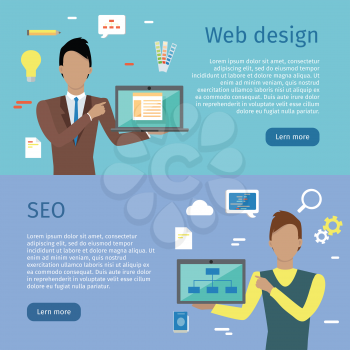 Web design, SEO conceptual web banners. Flat style. Man characters with computers presenting web content. For search engine optimization and web developing company landing page. Internet technologies