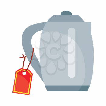 Teapot or electric kettle with red sale tag isolated. Discount at household appliances. Electronic device. Shiny kettle tea kettle for boiling water icon sign. Vector illustration in flat style design