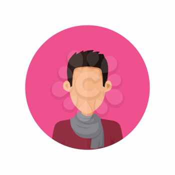 Man character avatar vector in flat style design. Brunet male personage portrait icon in pink circle. Illustration for concepts, app pictograms, infographic. Isolated on white background. 