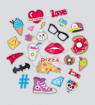 Set of stickers isolated. Icons for teenager age. Food, sweets, batman symbol, cap, diamonds, glasses, cat s muzzle, braincase in flat cut-out illustration design. For postcard, ads, posters