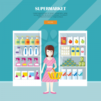 Supermarket concept web banner. Flat design. Woman character with basket near shelves with food and household products in store. Consumers choice and assortment illustration for web page design.