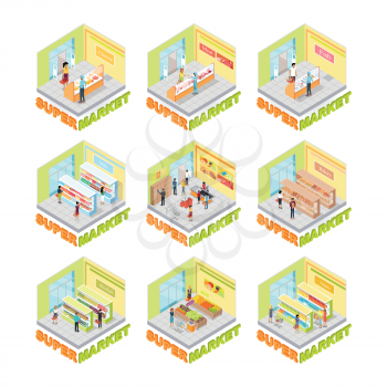 Supermarket interior vector set. Isometric projection. Illustrations of big trading rooms with product sections shelves, goods, customers, personnel, sellers, cashes. For store ad, app, game interface
