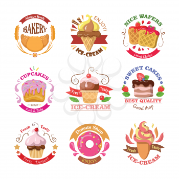 Set of confectionery logos isolated. Always fresh bakery. Enjoy ice cream. Nice wafers good choice. Cupcakes shop fresh and tasty. Ice cream. Sweet best quality cakes. Donuts shop. Vector illustration