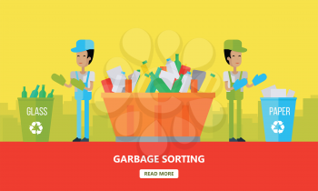 Garbage sorting banner. Men sort glass and paper. Waste recycling poster. Sorting process different types of waste vector illustration. Environment protection. Garbage destroying. Flat style design.