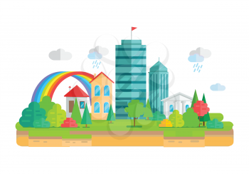 City landscape with apartment building, business multistory building, cottage house, Trees, grass, bushes and rainbow. Isolated object on white background. Vector illustration.