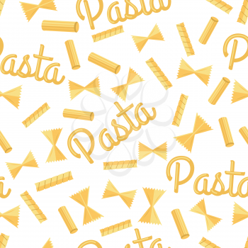 Pasta seamless pattern isolated on white. Staple food of traditional Italian cuisine. Noodle made from unleavened dough formed into sheets. Endless texture with pasta for wallpapers design. Vector