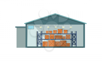 Warehouse interior, logisti and factory building exterior, business delivery, storage cargo vector illustration. Logistics and transportation of cargo. Isolated object in flat on white background.
