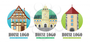 House logo vector illustration web buttons set. Building with clock, cottage house icon sign symbol. Windows in arc form. Tower with big clock in center of building. Flat style logo in circle