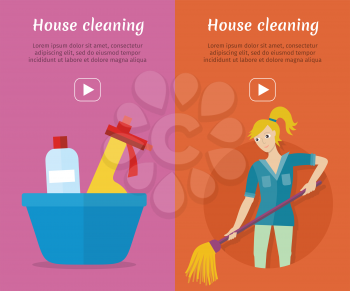Set of cleaning service web banners. Flat style. House cleaning vector concepts with woman, mop, household chemicals. Illustration with play button for housekeeping online services, video, animation 