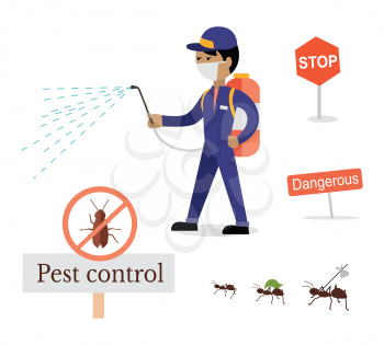 Set of pest control signs. Service employee pest control man in uniform with balloons and sprays. Banner for web page or website. Sign of a red circle with an insect. Vector illustration