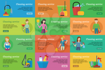 Set of cleaning service banners. Man and woman with cleaning equipment and detergent. House cleaning service, professional office cleaning, home cleaning illustration. Horizontal website template