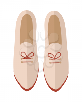 Pair of women's shoes icon. Beige leather or suede loafers with laces  for autumn season flat vector illustration isolated on white background. For shoes store ad, wear concept, app button, web design