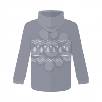 Sweater or jumper with fir tree icons isolated on white. Winter warm handmade sweater with throat, knitted jumper. Sweater icon. Unisex women men sweater in flat style design. Vector illustration