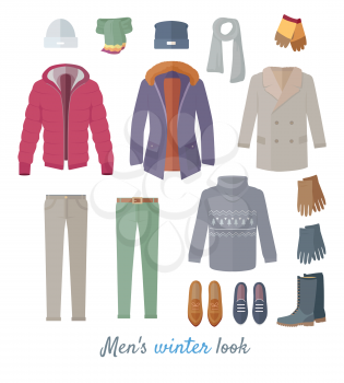 Men s winter look vector concept. Flat design. Set of casual men s clothing for cold season. Pants, jacket, sweater, jacket, coat, sweater, shoes, boots, moccasins, gloves hat scarf illustrations