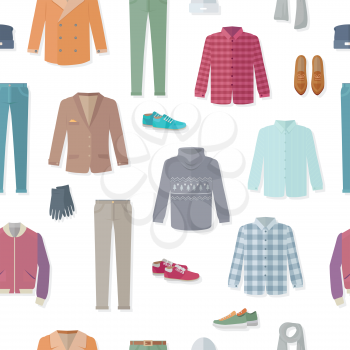 Autumn clothing vector seamless pattern. Jacket, sweater, coat, shoes, sneakers, pants, shirt, scarf vector illustrations on white background. For goods wrapping paper, stores ad, prints web design