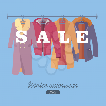 Winter outerwear sale web banner poster. Autumn winter old collection sale. Discount on stylish fashionable clothes from popular designers. Best world brands trends at low price. Christmas sale.