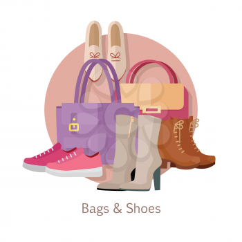 Bags shoes vector concept. Flat style. Collection of women s footwear and clutches. Ankle and mid boots, sneakers, loafers, leather bags with handles illustrations. Fashion accessories. For store ad