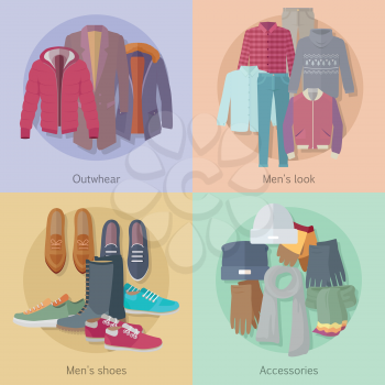 Men s clothing. Outerwear. Mens look. Mens shoes. Accessories. Autumn winter collection. Stylish fashionable clothes from popular designers. Best world brands trends. Vector in flat style design