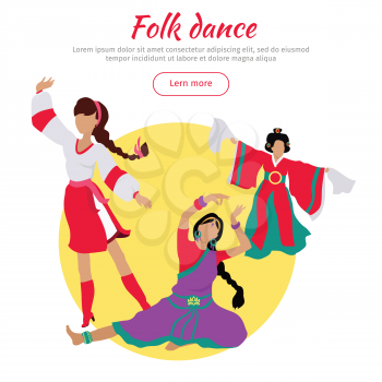 Folk dance concept web banner. Flat vector. Three women in ukrainian, indian, chinese national clothes dancing. Traditional choreography. For dancing school, party, event, festival web page design