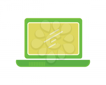 Green laptop flat icon. Laptop flat icon with blank screen. Laptop in front. Concept of IT communication, e-learning, internet network. Isolated object on white background. Vector illustration.