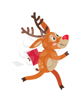 Cute deer hurry in business cartoon. Serious horned reindeer running with documents folder flat vector illustration isolated on white background. For animal icons, business concepts, logo, web design