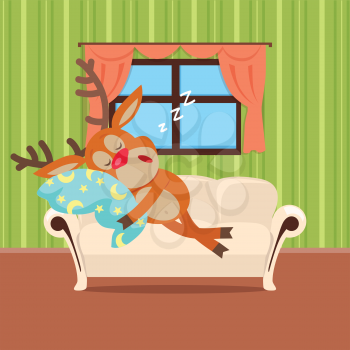 Sweet sleeping at home cartoon concept. Cute horned reindeer lying on the couch in the apartment, hugging pillow and wheezing flat vector illustration isolated on white background. Healthy sleep