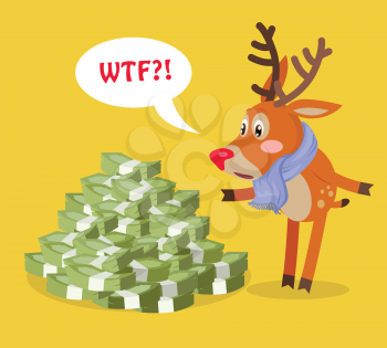 Unexpected wealth cartoon concept. Surprised horned reindeer standing under big pile of money with speak cloud flat vector on yellow background. For lottery winnings, business success illustrating 