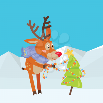 Christmas tree decoration cartoon. Cute hornet deer in scarf decorating little spruce with star and garland, snowy mountains in background flat vector illustration. Preparation for winter holidays