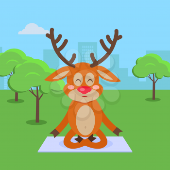 Yoga exercises in city park cartoon concept. Horned reindeer seating on lawn with closed eyes in lotus pose and meditates flat vector illustration. Outdoor relaxation and eastern spiritual practices