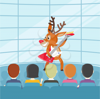 Performance on talent show cartoon concept. Joyful horned reindeer dancing and playing on electrical guitar on concert for public or jury flat vector illustration. Music competition, listening rock