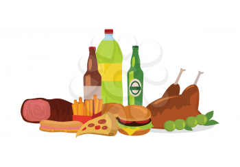 Unhealthy food banner isolated on white background. Junk food. Consumption of high-calorie nourishment fast food. Part of series of promotion healthy diet and good fit. Vector illustration