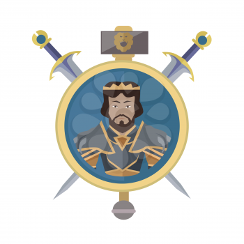 Coat of arms shield with swords and hummer vector. Flat style. Cold weapon and armor with king portrait. Illustration for games industry concepts, icons and pictograms. Isolated on white background.