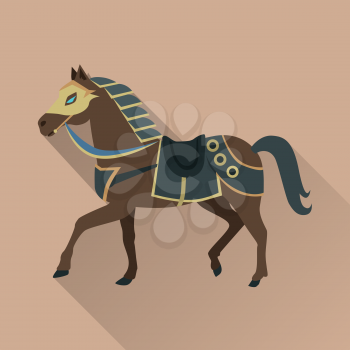 Brown horse with long shadow. Isolated avatar icon with swords. Steady strong horse. Stylized fantasy character. War concept. Part of series of game objects in flat design. Vector illustration.