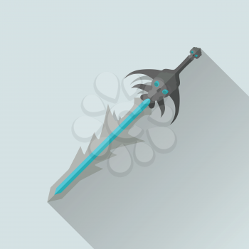 Cartoon game sword with shadow. One-handed medieval knife. Weapon symbol icon. War concept. For computer games, mobile appliances. Part of series of game objects in flat design. Vector illustration.