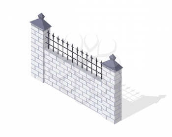 Brick fence section icon. Masonry barrier with lattice and shadow isometric projection vector illustration isolated on white background. For gaming environment, architecture element, app, web design