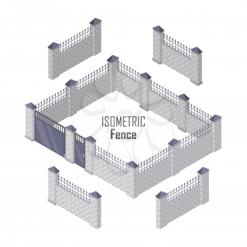 Iron fence with brick columns isolated on white. Gate with wicket in flat style design. Isometric projection. Metal gates, wrought iron, lattice gates and fences for yard. Vector illustration