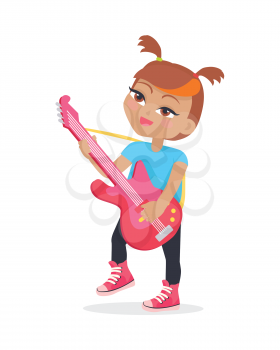 Girl playing on guitar isolated on white. Adorable little girl has leisure time. Young singer at music lesson. Toddler at playground play on musical instrument in flat style. Daily activity. Vector