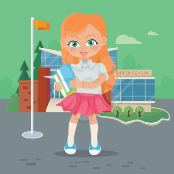 Girl with books and copybooks on school yard. Adorable little girl during break has leisure time. School girl young lady at school, kindergarten. Studying concept. Daily activity. Vector illustration